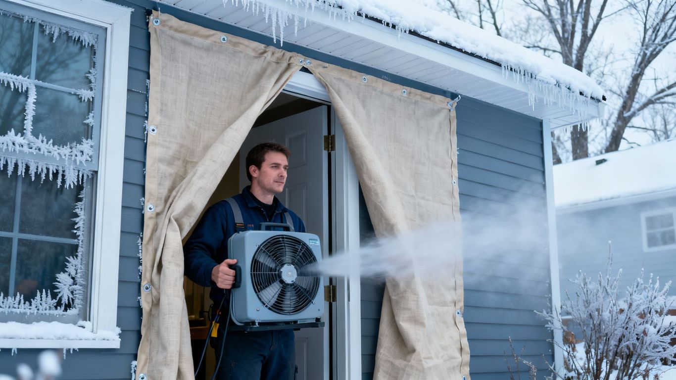 Home blower door test in a cold climate.