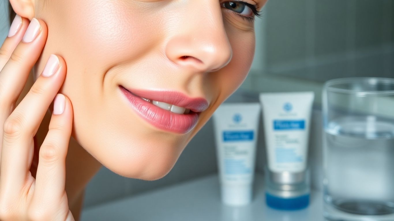 Mulher adulta com pele saudável e produtos para acne.