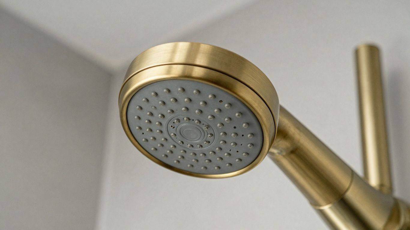 Brushed brass shower head in a modern bathroom.