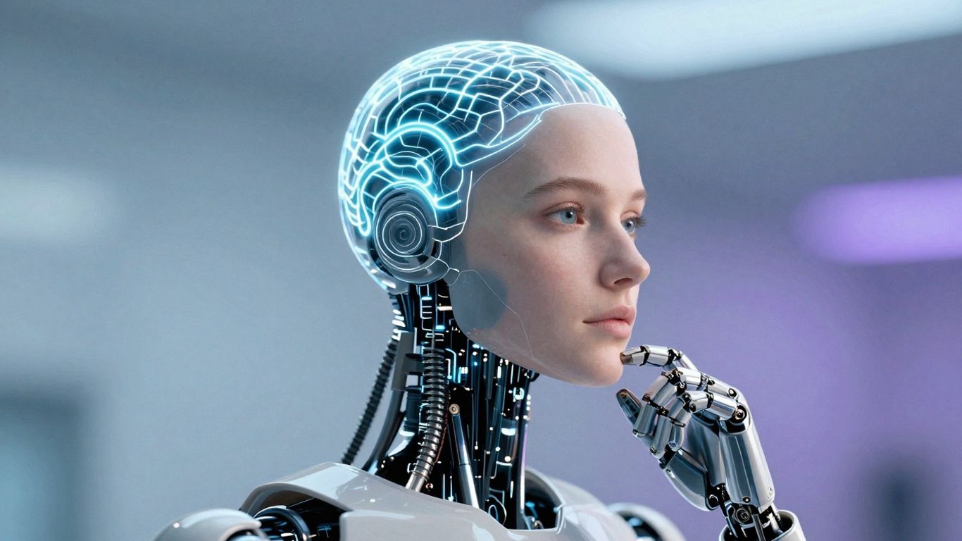 Robot with glowing neural network on head contemplating.