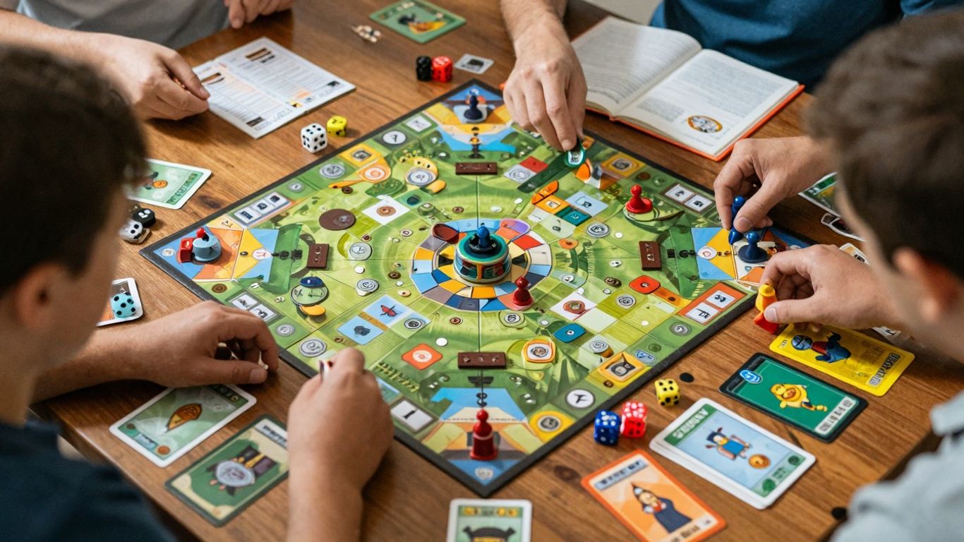 Colorful board games and pieces on a wooden table.