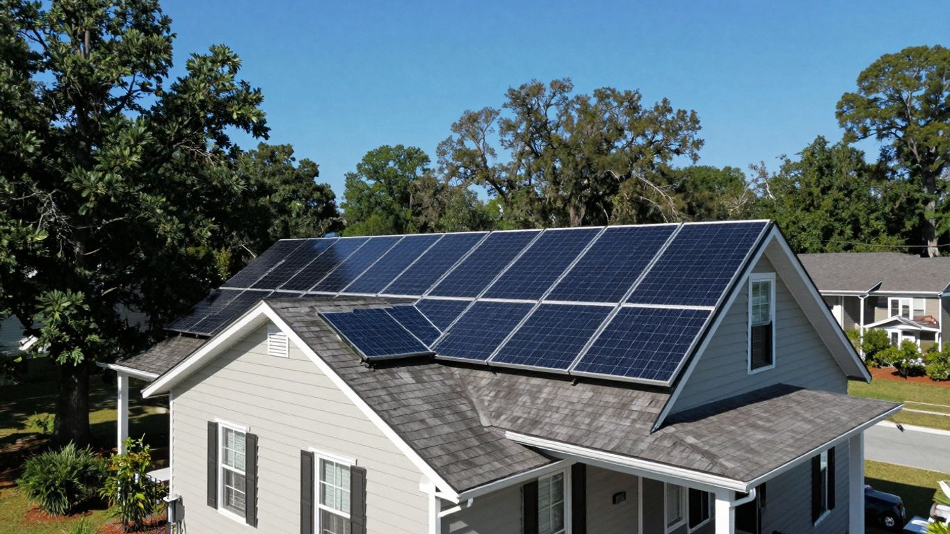 South Carolina Home With Solar Panels On The Roof.