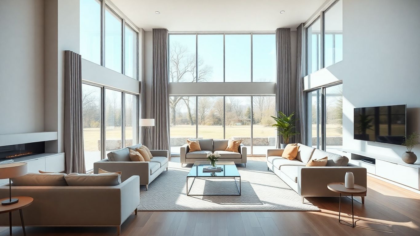 Modern adaptable living space with large windows.