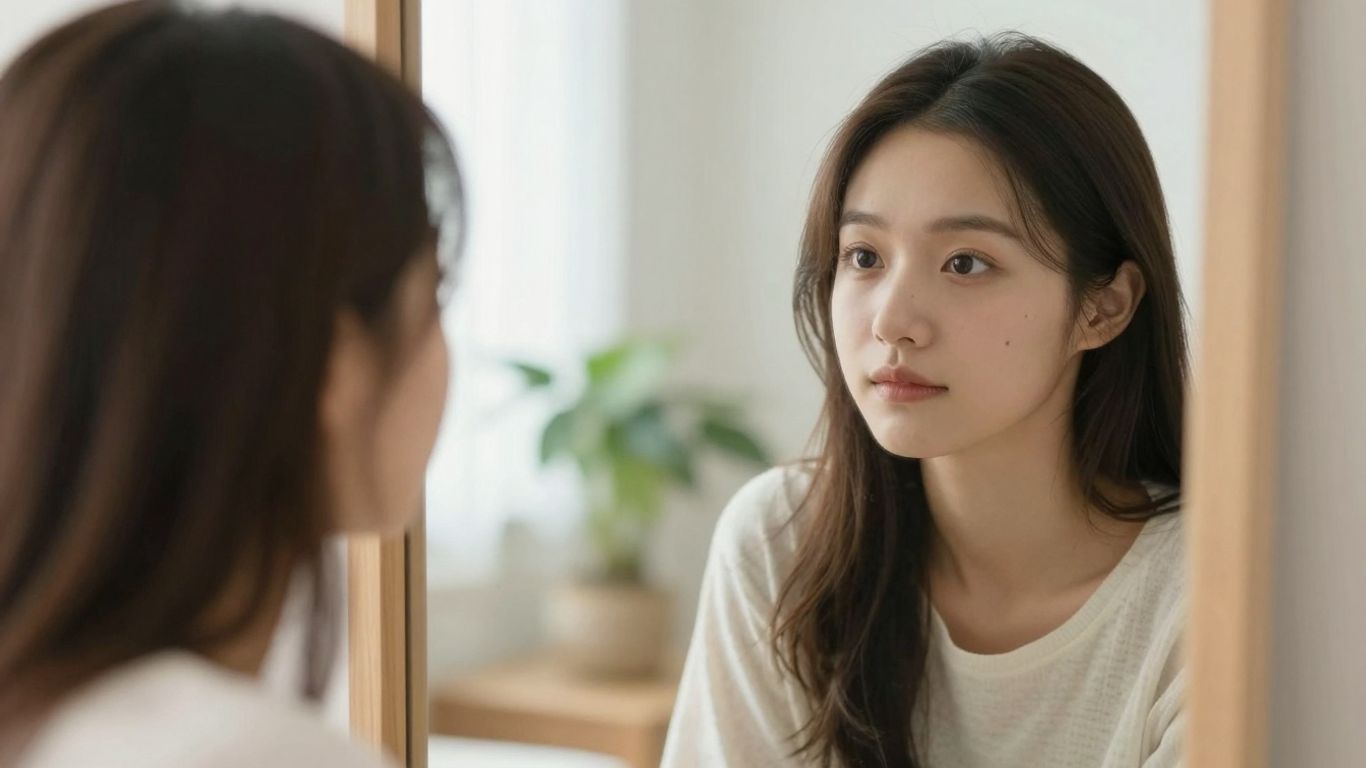 Femeie tânără privind în oglindă într-o cameră luminoasă.