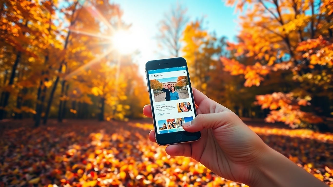 Smartphone displaying website amidst fall foliage.