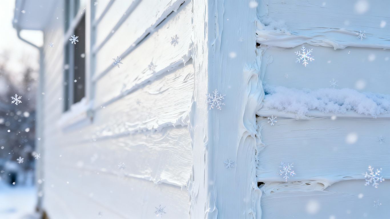 House wall with insulating paint in winter snow.
