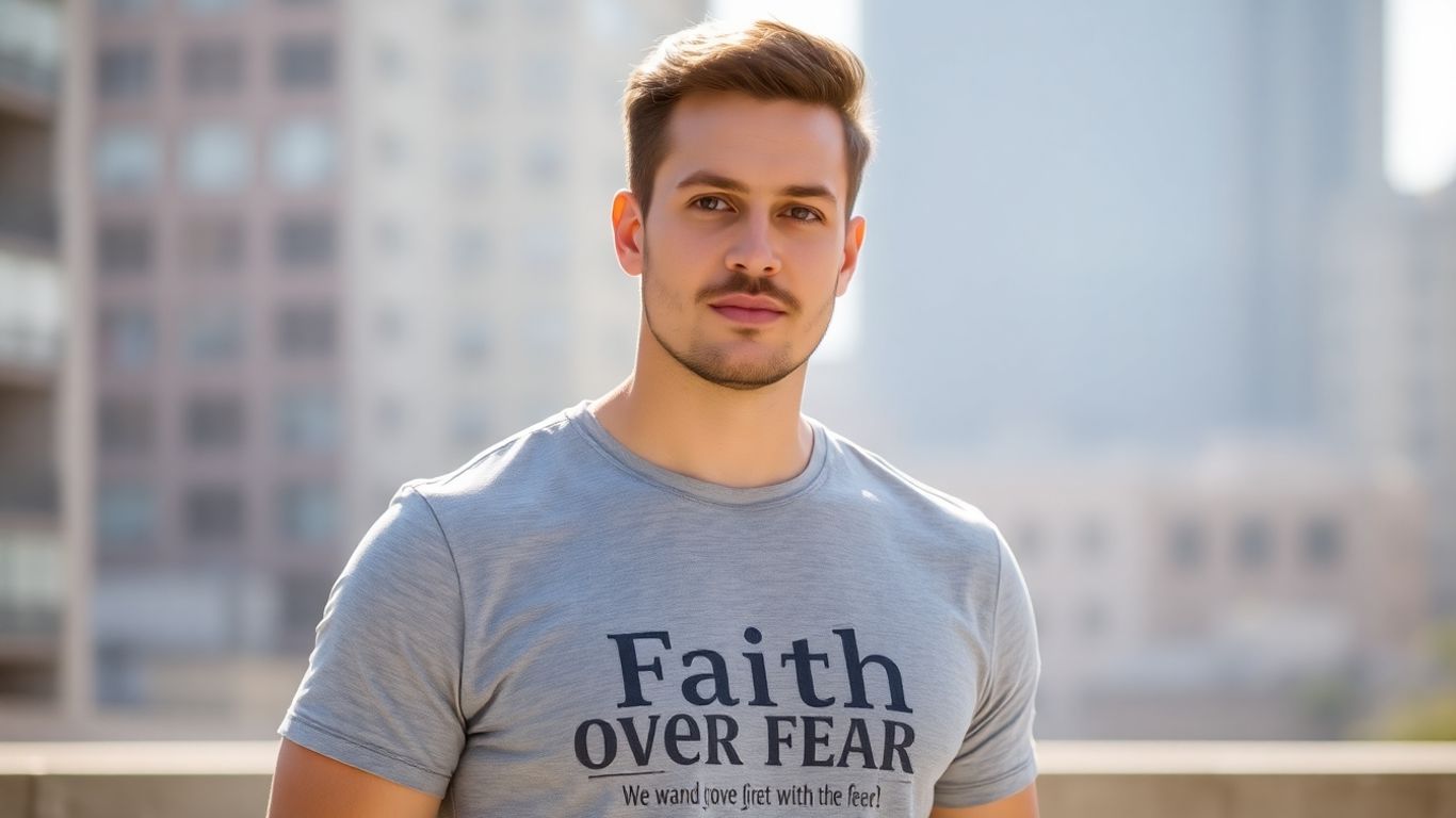 Man in faith-inspired t-shirt, exuding confidence.
