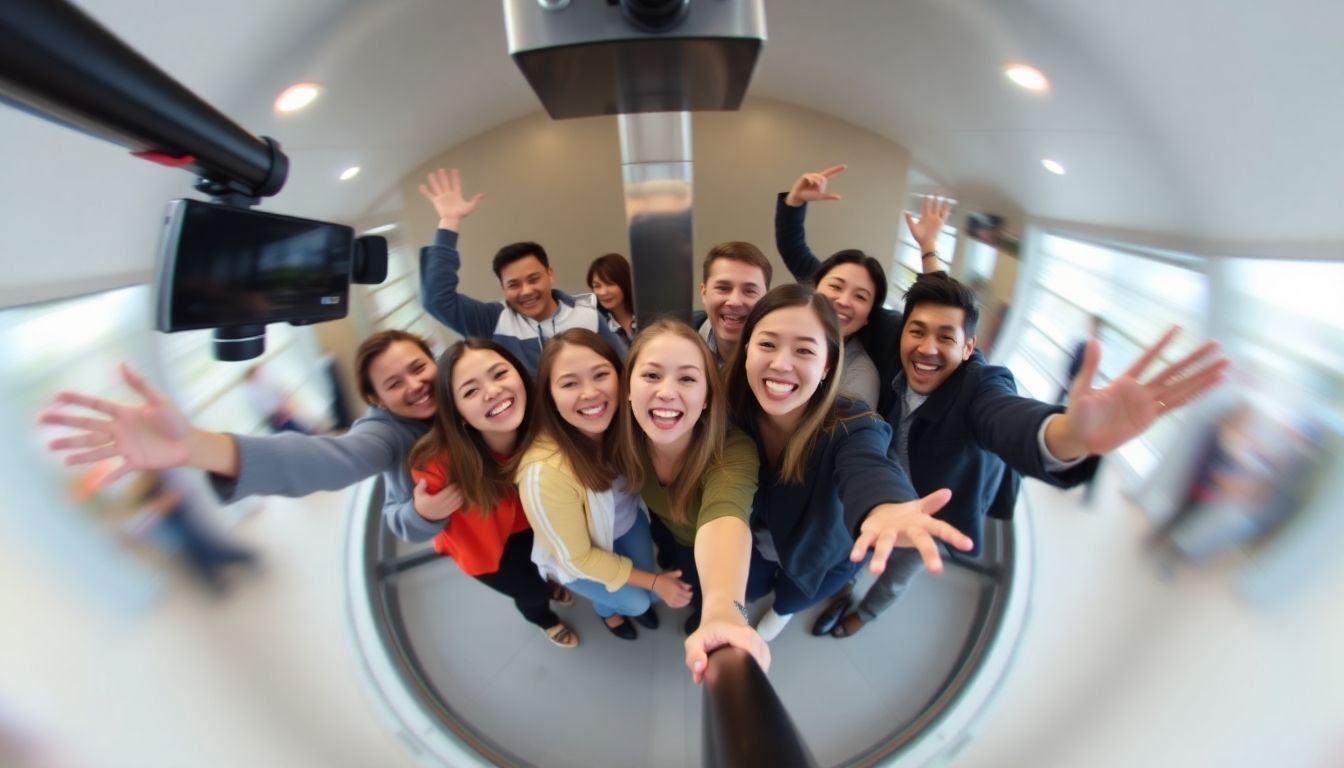 People posing for a 360-degree video on a spinning platform.