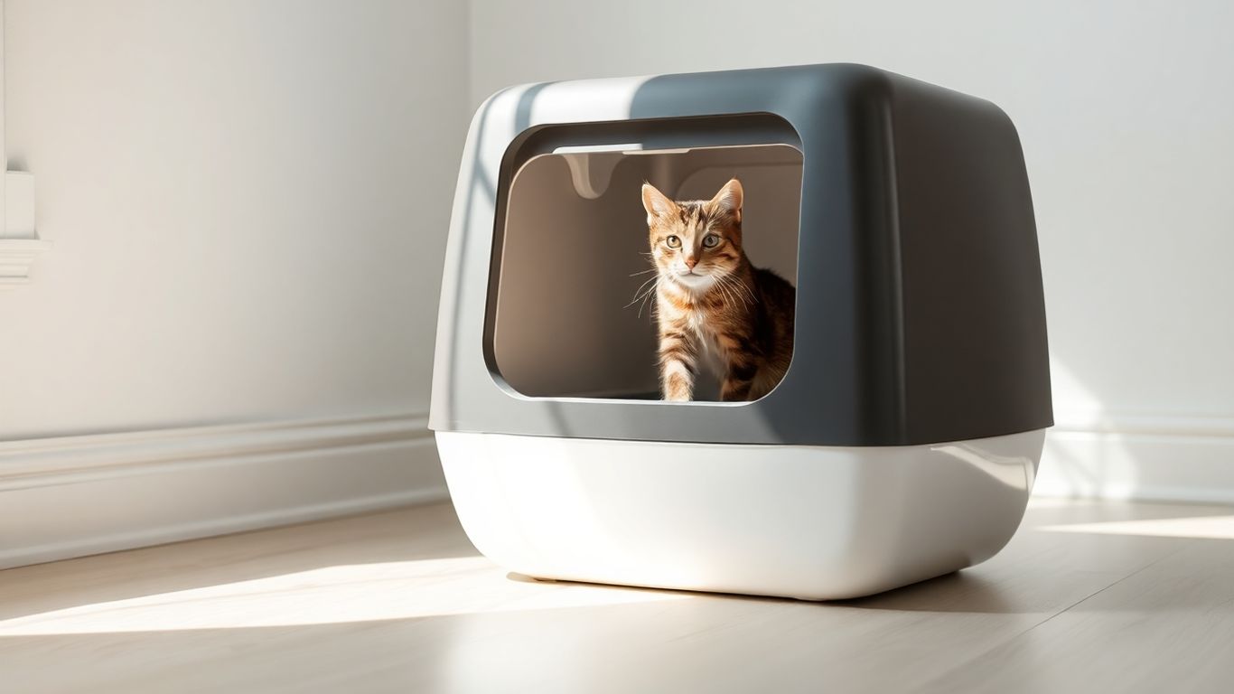 Modern covered cat litter box with a cat peeking out.