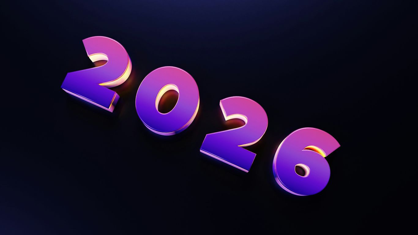 The year 2026 in purple and pink numbers