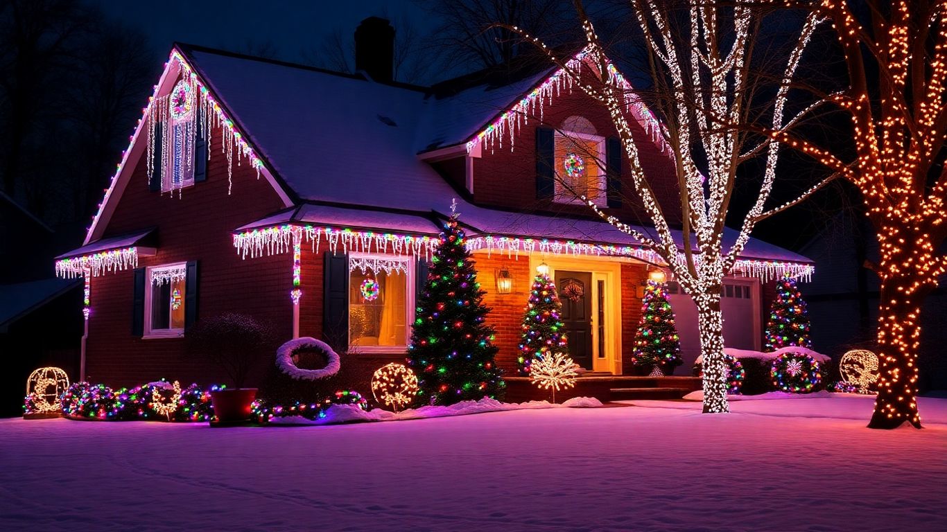 House decorated with bright Christmas lights in Lake St. Louis.