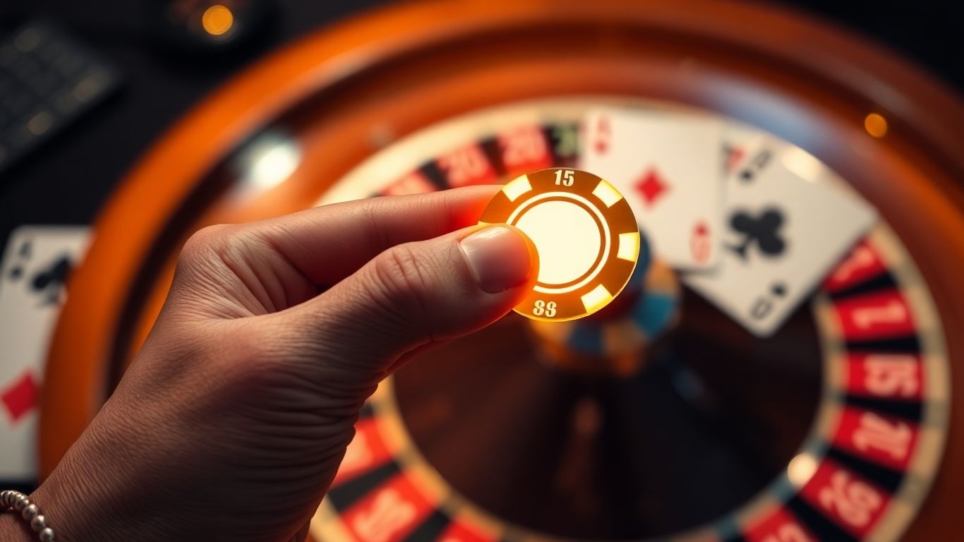 Casino chip with blurred roulette wheel and cards