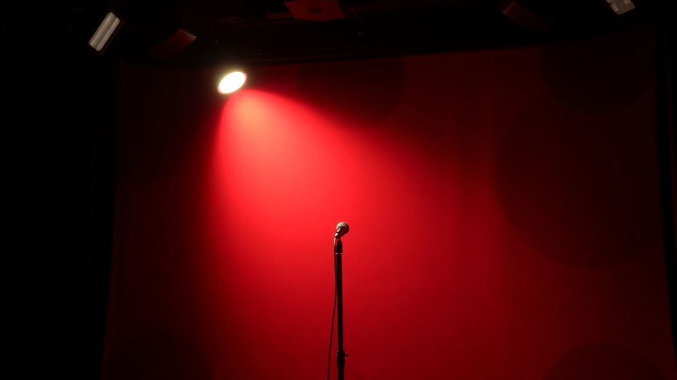 Empty comedy club stage with spotlight.