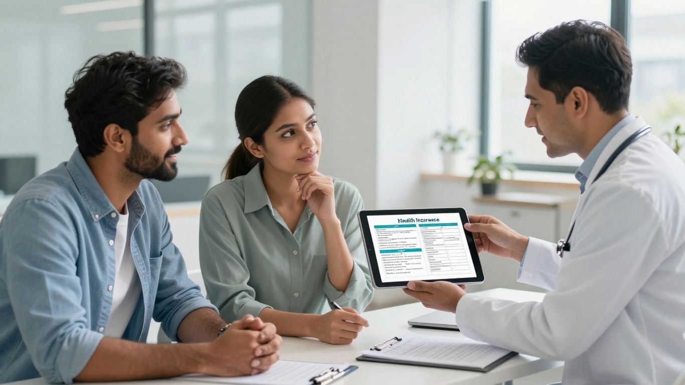 Broker and couple reviewing health insurance plans on a tablet.
