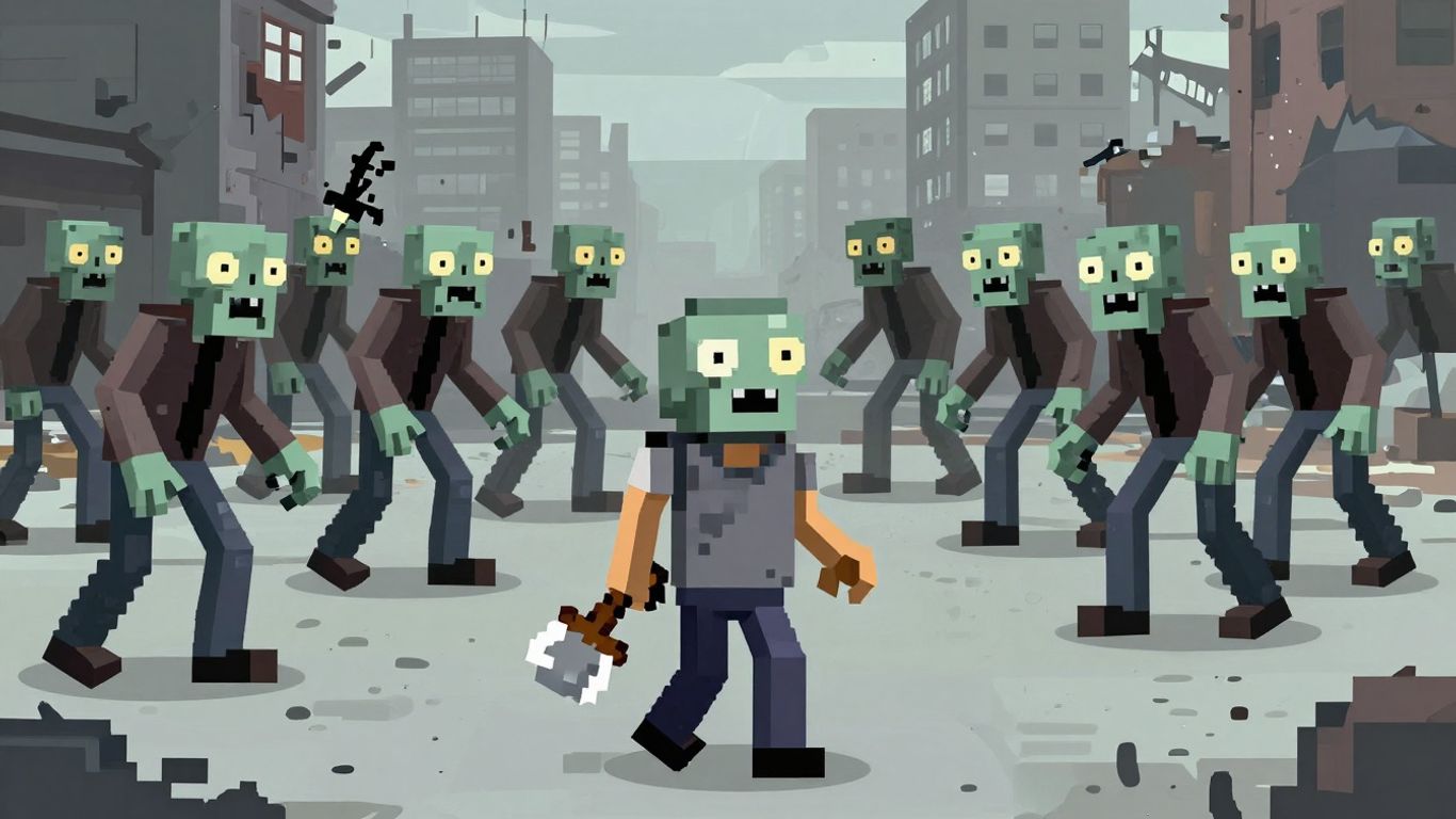 Pixelated zombies attacking a survivor in a game.