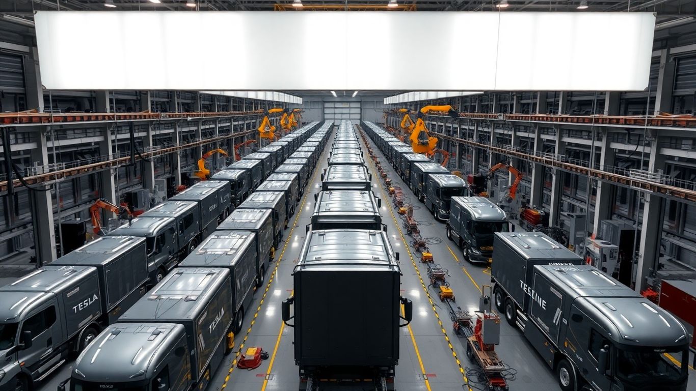 Tesla Semi trucks on assembly line in factory.