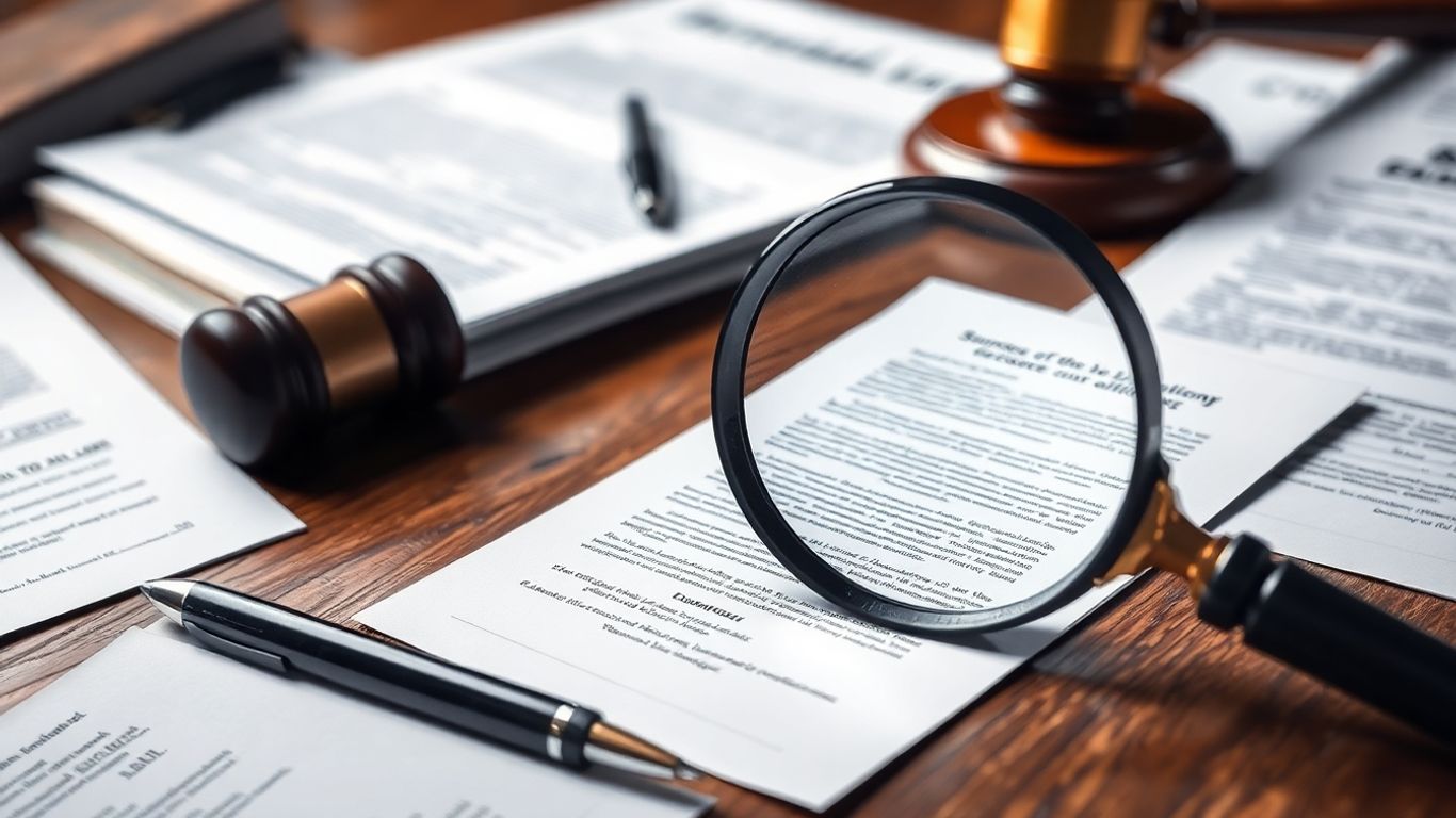 Documentos e lupa sobre mesa, análise legal.