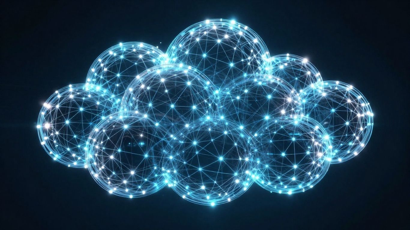 Abstract cloud network with glowing digital pathways and geometric structures.
