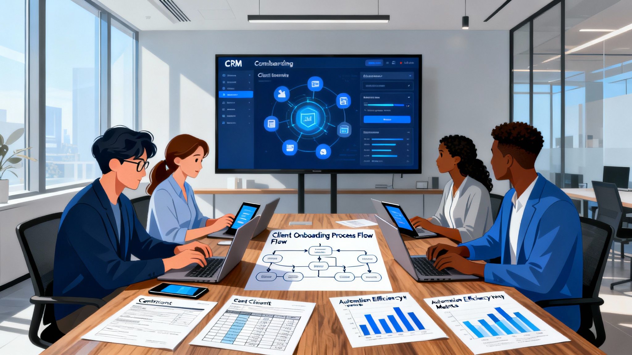 A diverse team collaborating to onboard a new client using digital tools, with charts and client documents on the table to illustrate organization and automation in client onboarding crm