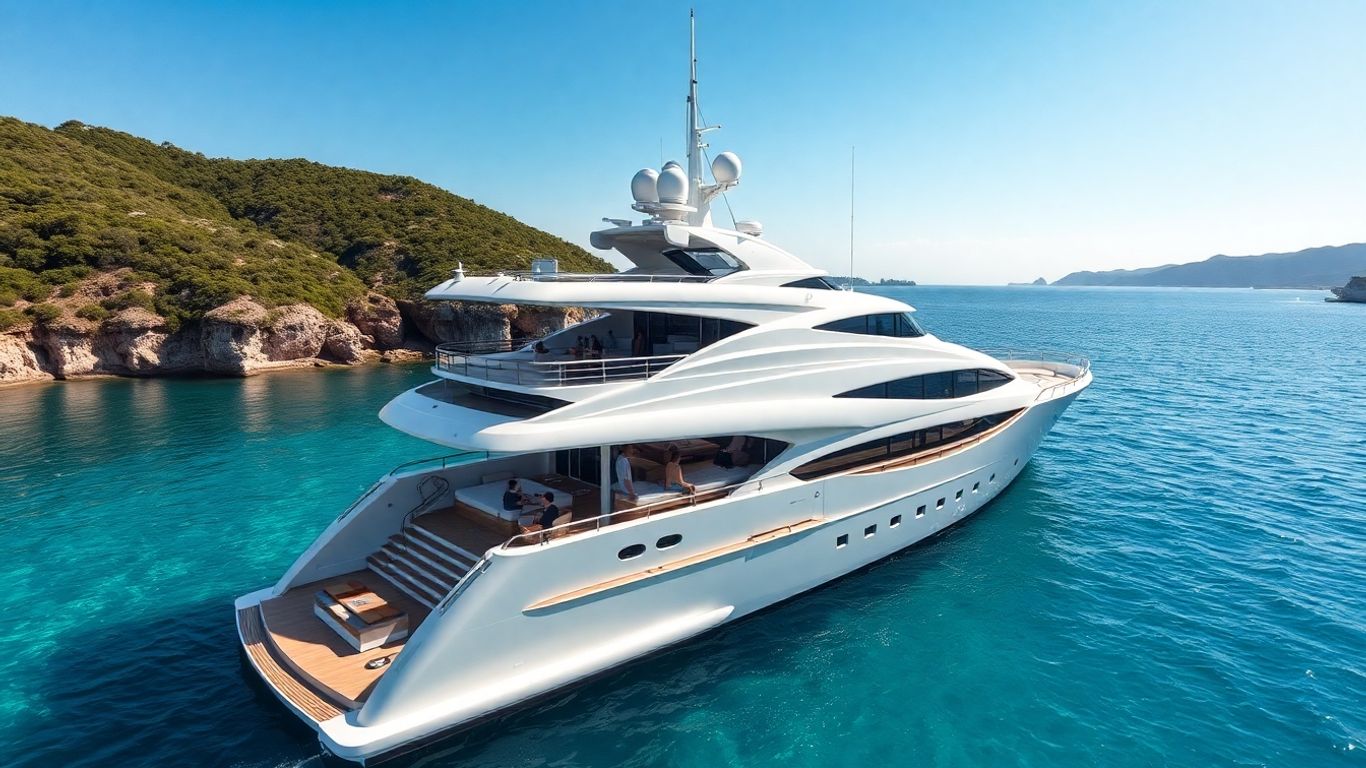 Luxury 50 meter yacht with modern design on blue water.