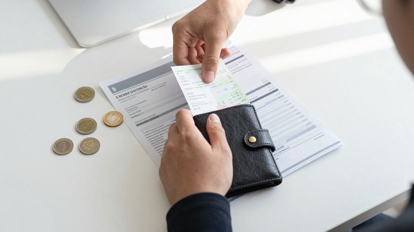 Persoană organizând facturi și bani la birou.