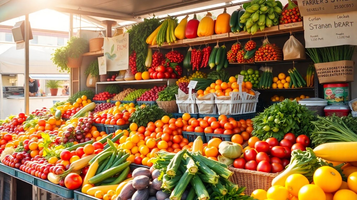 Produse locale proaspete la piață, promovând sustenabilitatea.