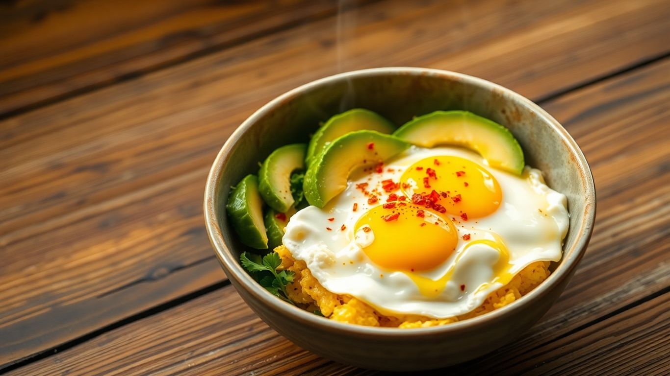 High protein breakfast bowl with eggs and avocado.