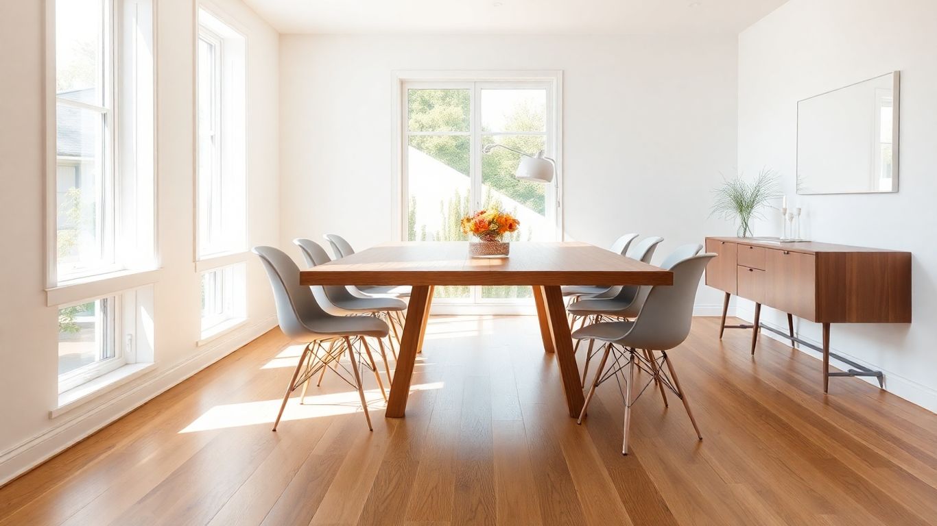 Modern dining room with rectangular wooden table