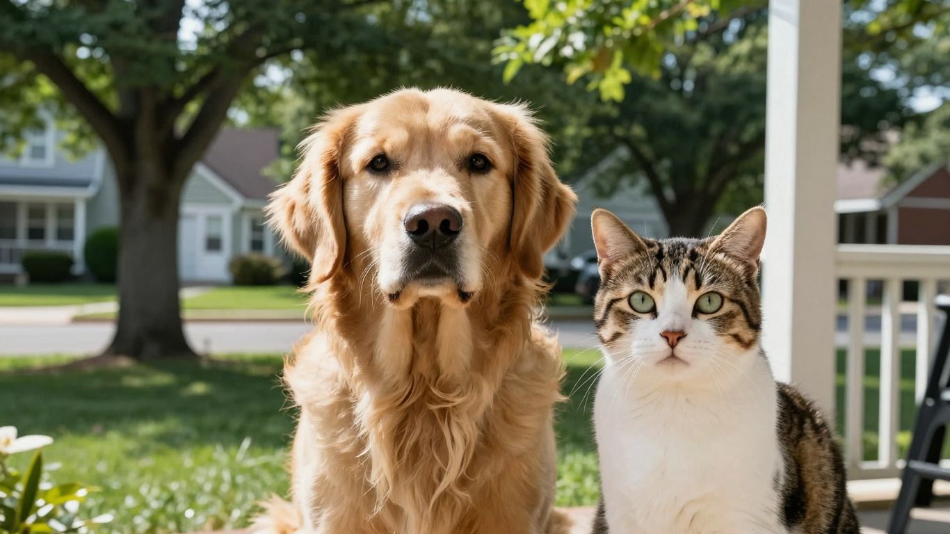 Golden retriever and cat on a porch in New Jersey.