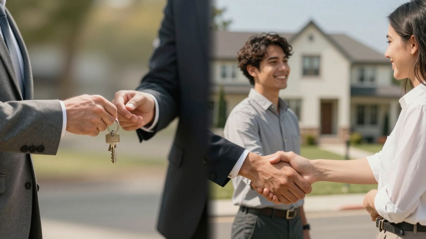 Real estate agents with buyers and sellers, house background.