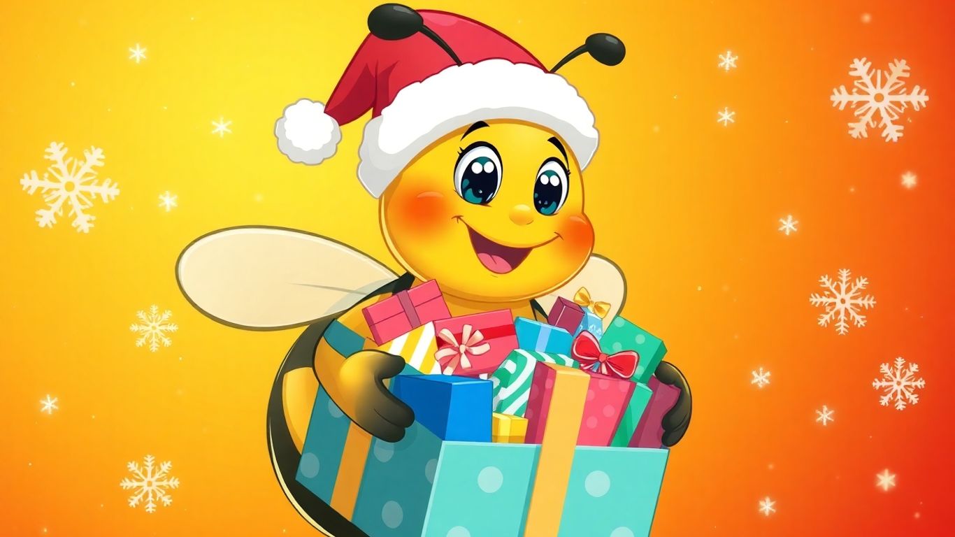 Cartoon bee in Santa hat with gift box.