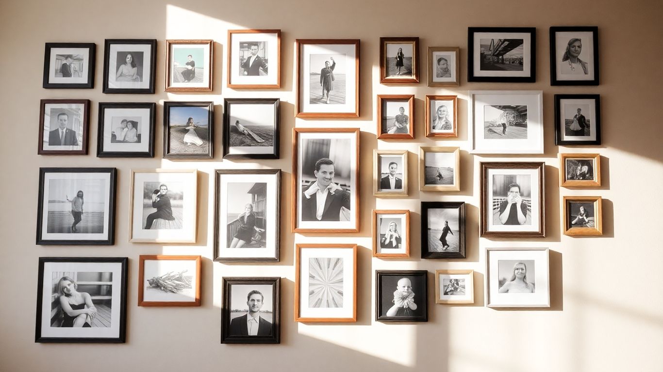 Perete galerie cu tablouri și obiecte decorative.