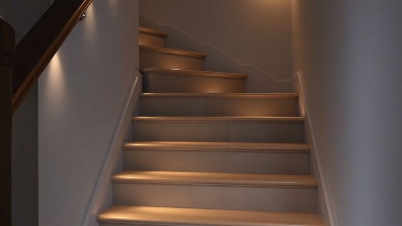 Staircase illuminated by soft, integrated step and wall lights.