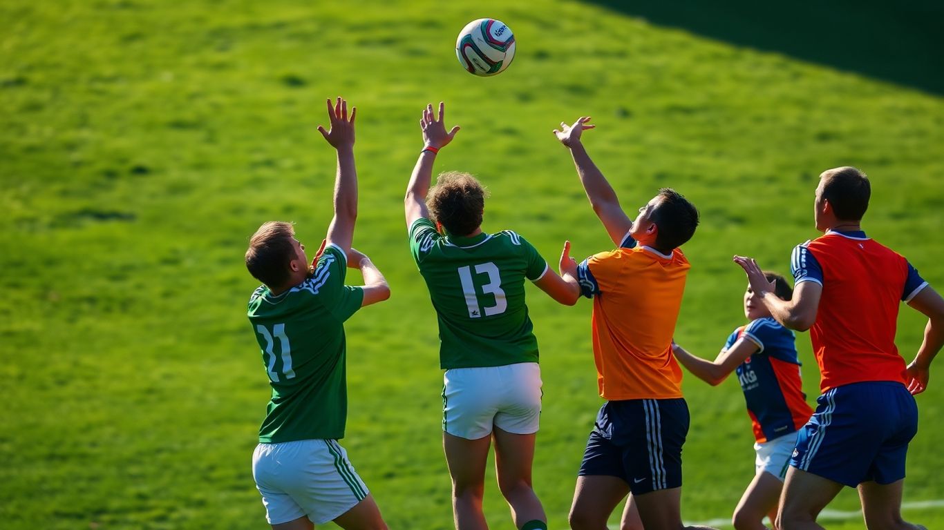Gaelic football players in action on a green pitch.