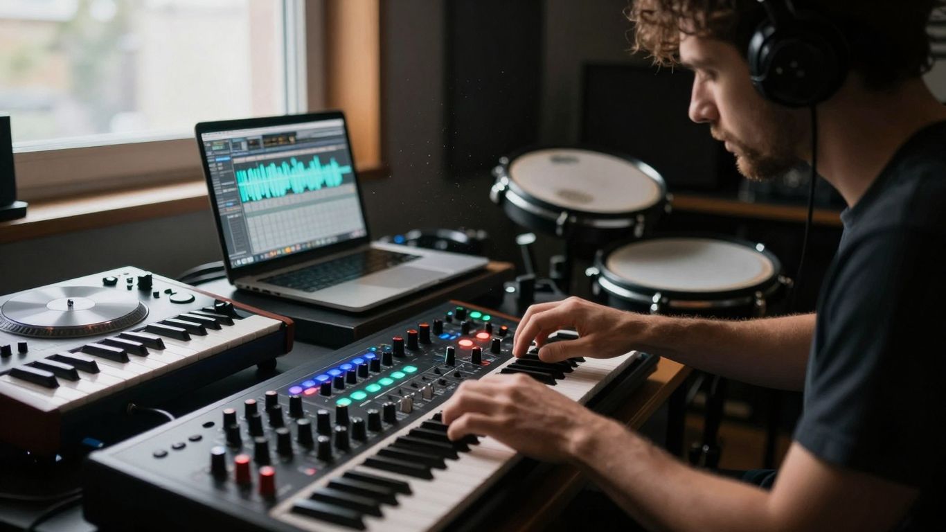 Beatmaker in studio with equipment.
