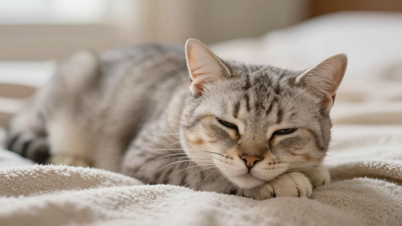 Calm cat relaxing on a soft blanket.