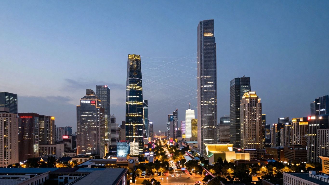 Modern Chinese cityscape with glowing financial network.