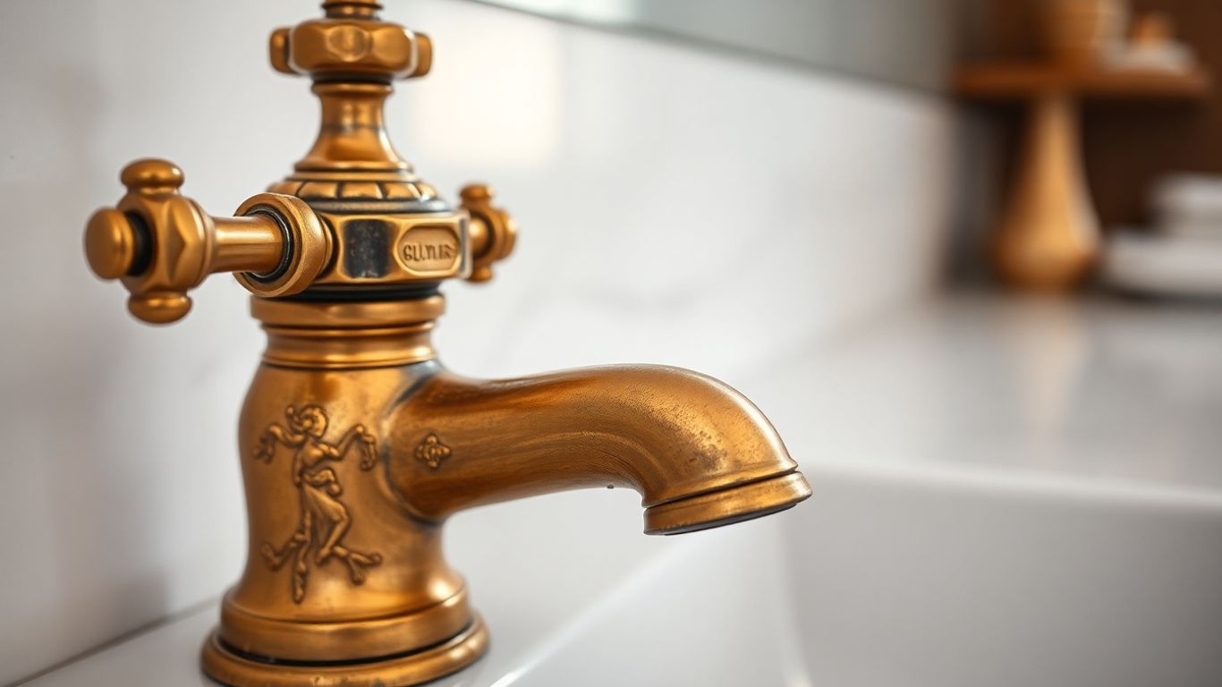 Antique brass tap in a modern bathroom setting.