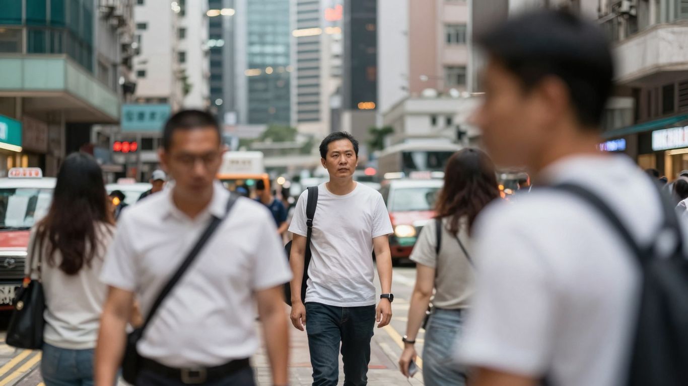 Crowded Hong Kong street with skyscrapers and fast-paced urban environment.