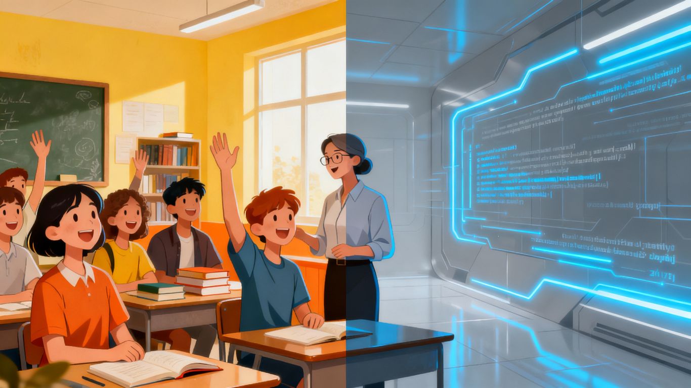 Human teacher guiding students versus cold, impersonal algorithm.