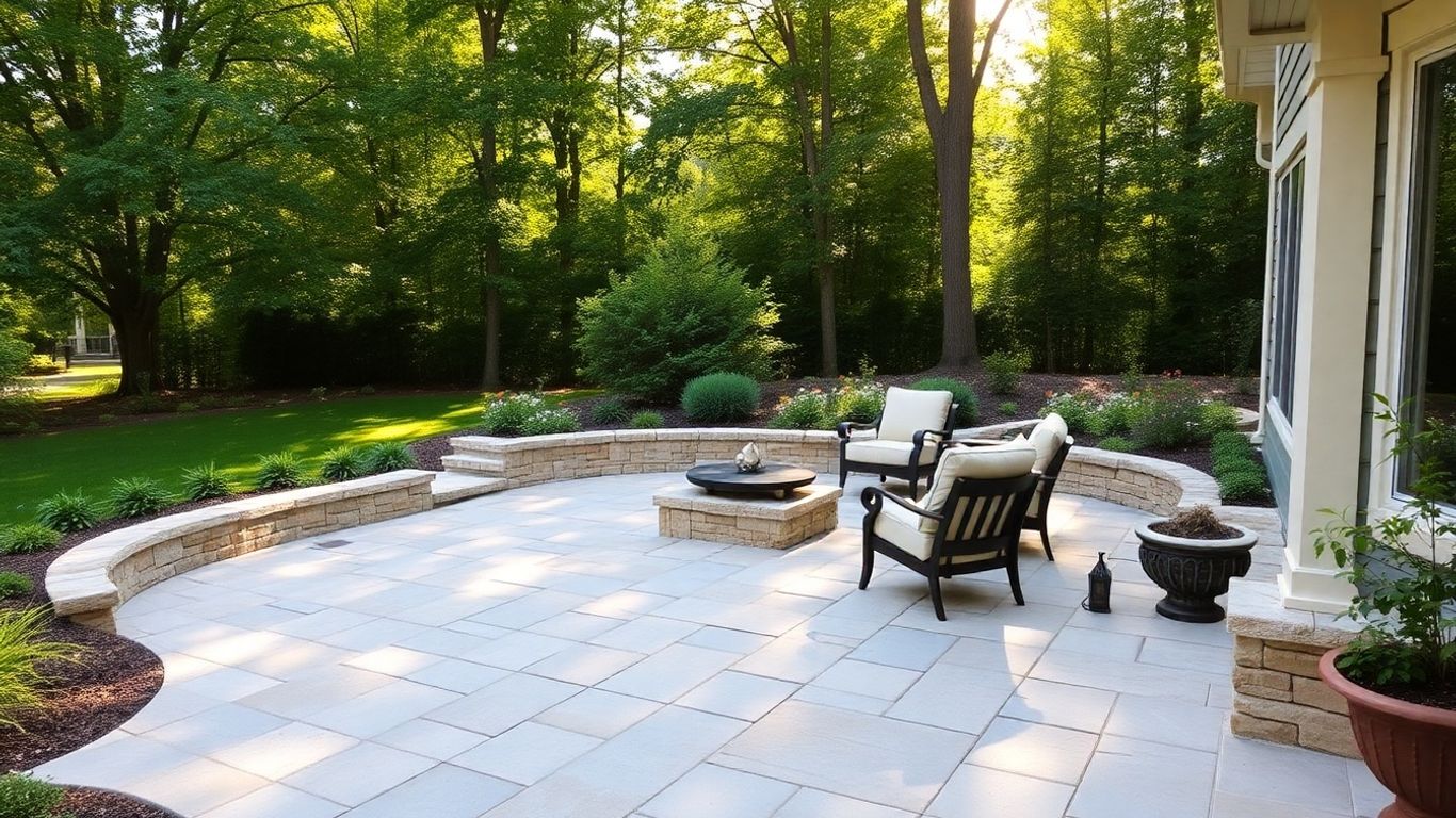 Professionally installed stone patio with seating in Mashpee, MA.