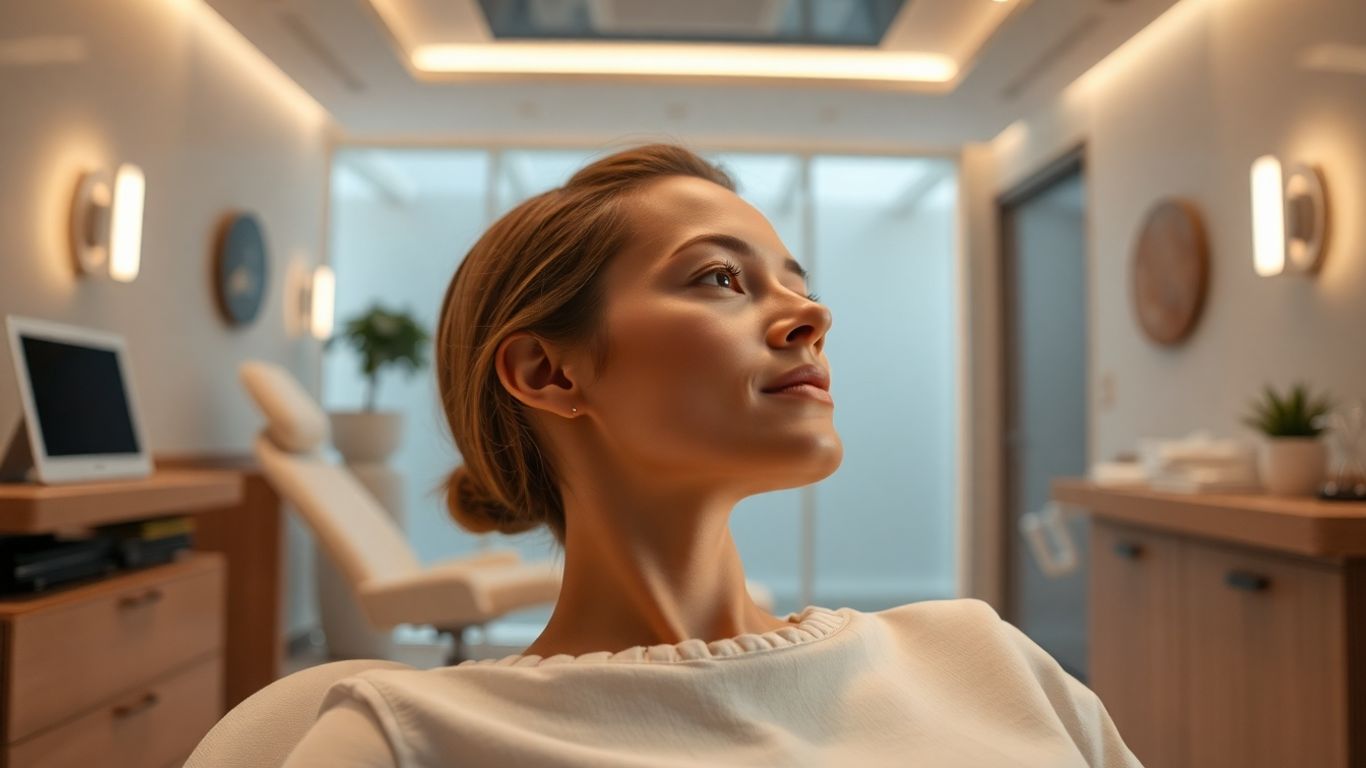 Serene individual in a bright, modern clinic setting.