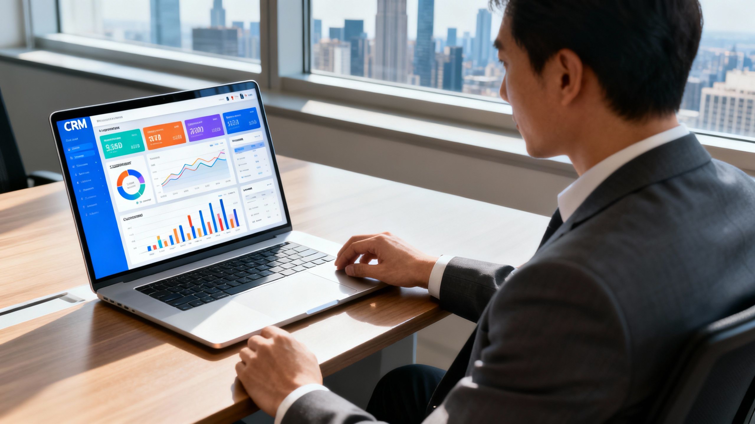 Business owner reviewing CRM analytics on a laptop in a modern workspace