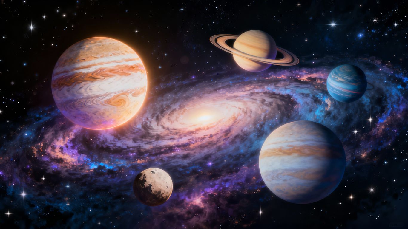 Outer planets Jupiter, Saturn, Uranus, Neptune, and Pluto in space.