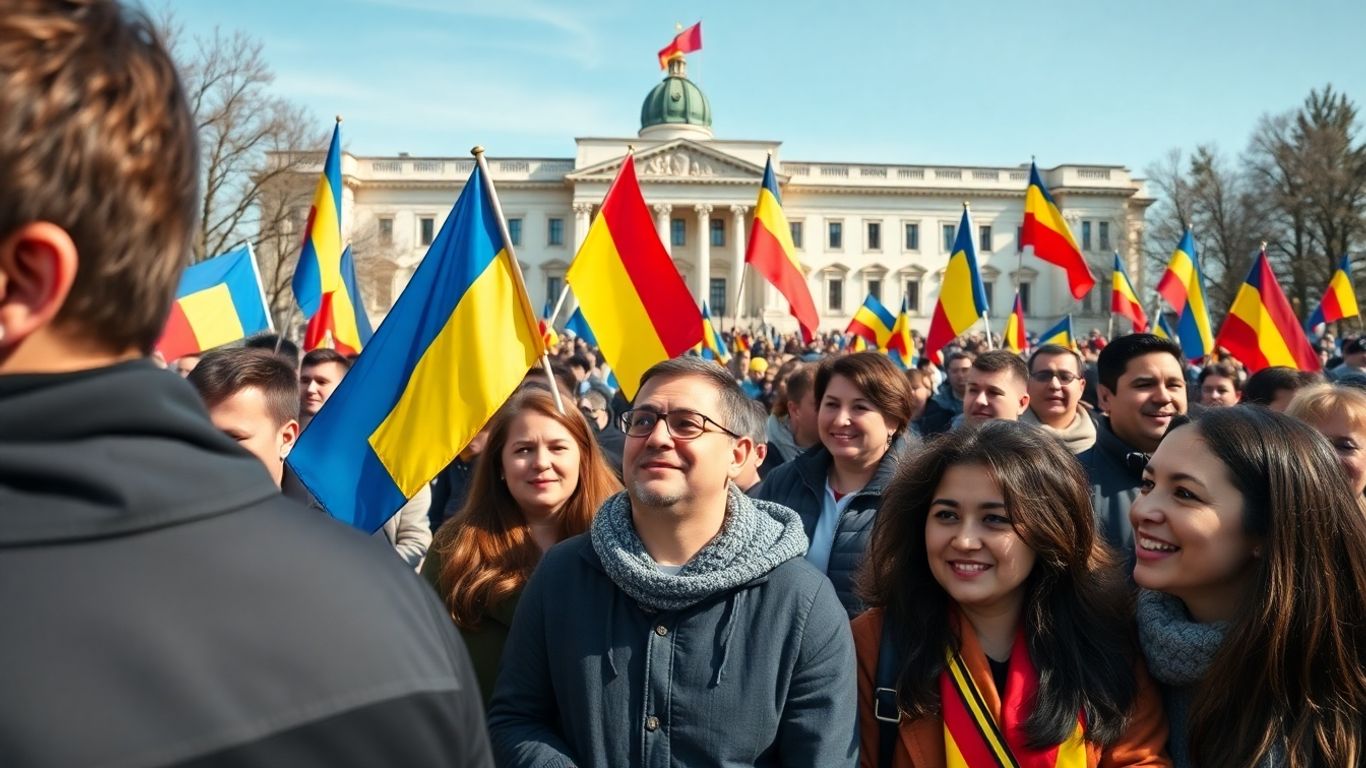 Oameni în fața Parlamentului României, steaguri românești mânuite.