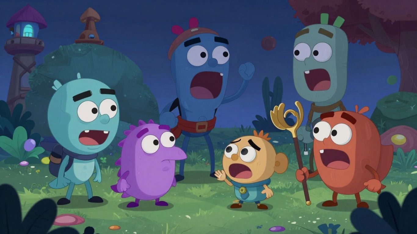 Illustrative game scene with characters and fantastical environment.