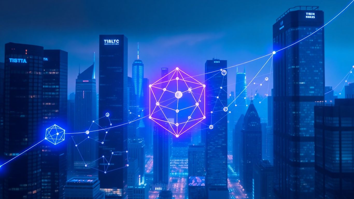 Futuristic cityscape with glowing blockchain network connections.