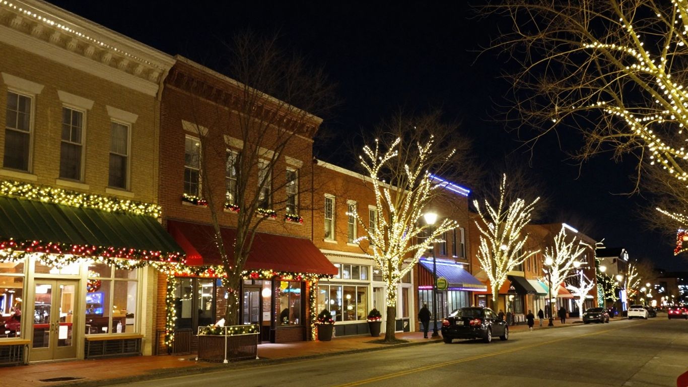 Edwardsville businesses illuminated with bright Christmas lights at night.