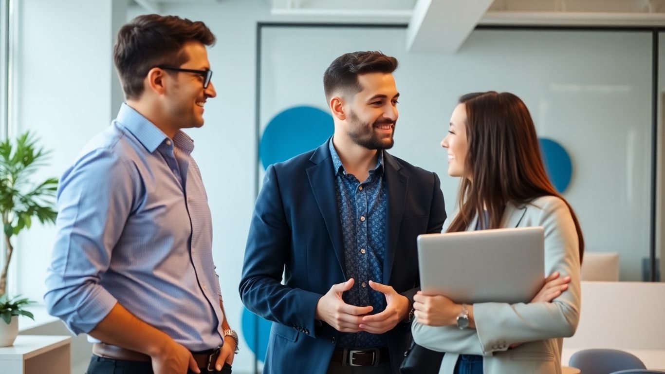 Zwei Fachleute diskutieren in einem modernen Büro mit blauen Akzenten.