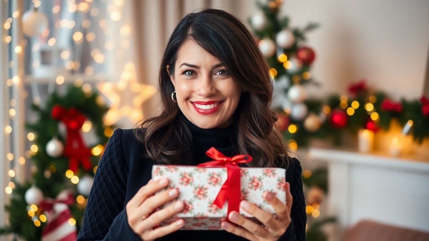 Woman in her 30s with Christmas gift.